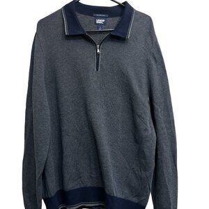 Lands End Supima Cotton Quarter Zip Sweater Contrast Trim Gray Navy Blue L 42-44